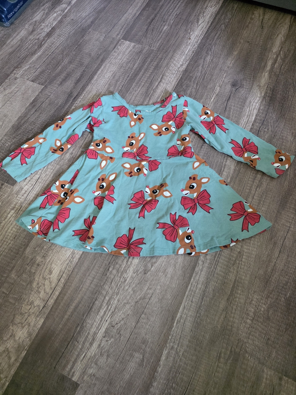 Girls' Light Teal Long-Sleeve Dress with Red Bow And Rudolph Print